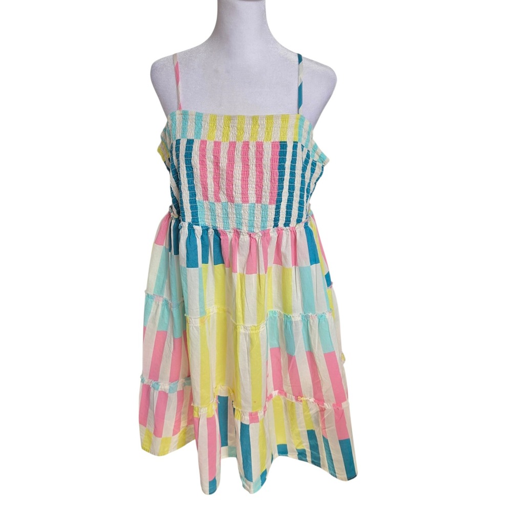 Torrid Women 4 Multi-Color Striped Smocked Tiered Mini Dress Pink Yellow Blue